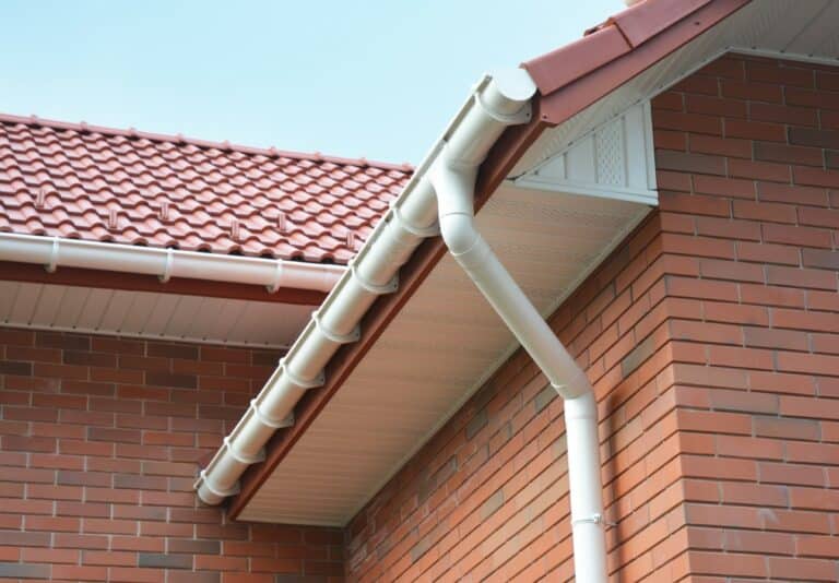 Close up view on House Problem Areas for Rain Gutter Waterproofing Outdoor. Home Guttering, Gutters, Plastic Guttering System, Guttering & Drainage Pipe Exterior